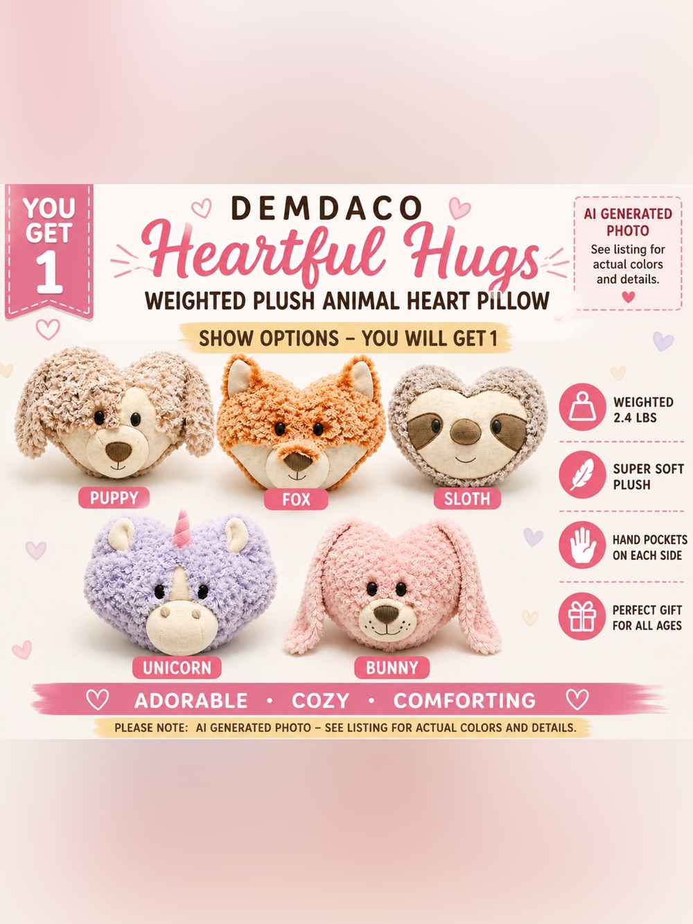 NWT DEMDACO Heartful Hugs Weighted Plush Animal Pillow | Weighted Comfort Plush
